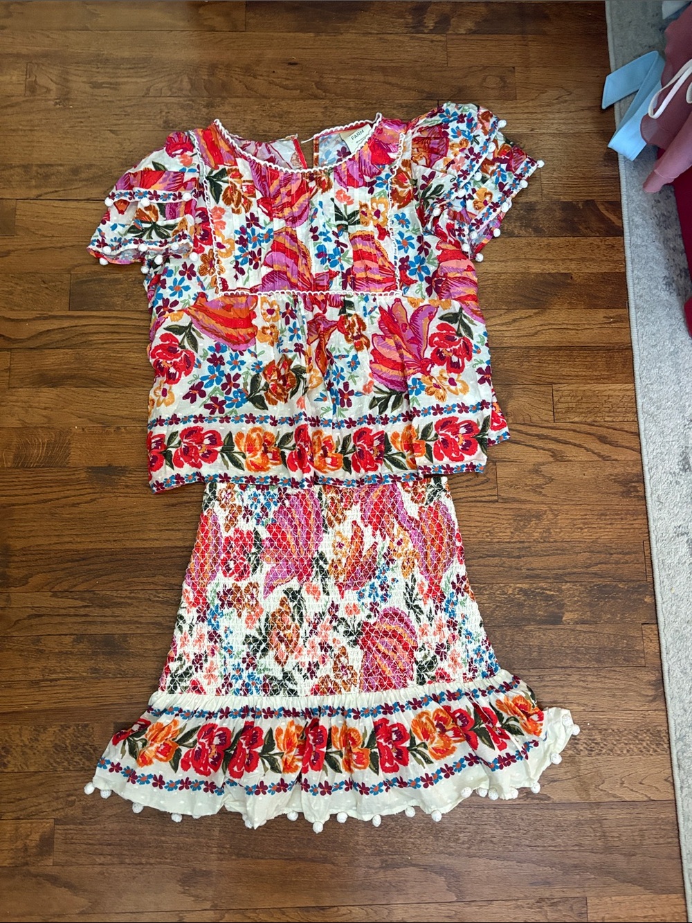 FARM Rio Floral Multicolor Smocked Skirt Set - Pink, Red, Orange, Blue - Picture 1 of 5
